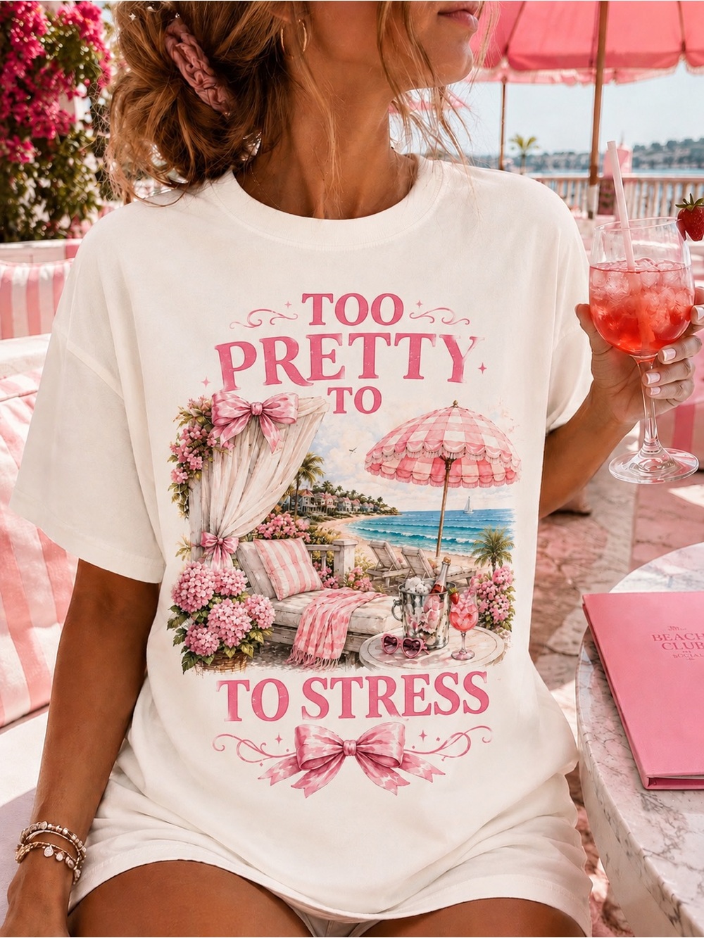 Too Pretty to Stress Pink Graphic Tee - Women's Short Sleeve S-5x